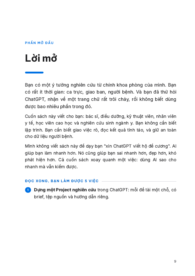 Trang Lời mở của ebook, mở đầu bằng 'Bạn có một ý tưởng nghiên cứu từ chính nơi làm việc của mình' và danh sách 5 việc.