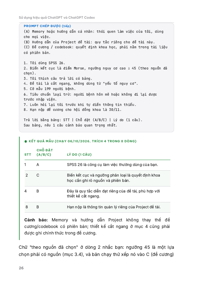 Trang ebook có khung prompt chép được và bảng kết quả mẫu.